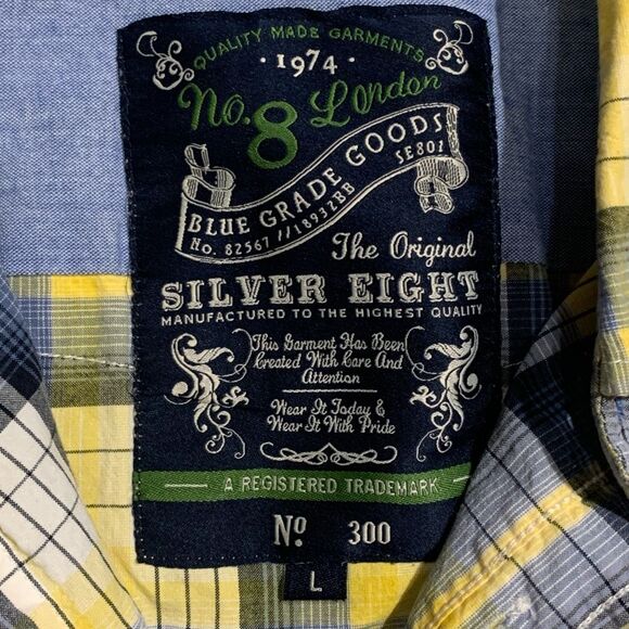Silver Eight Mens L Button Front Plaid Shirt Blue Yellow Short‎ Sleeve Cotton - Picture 2 of 6